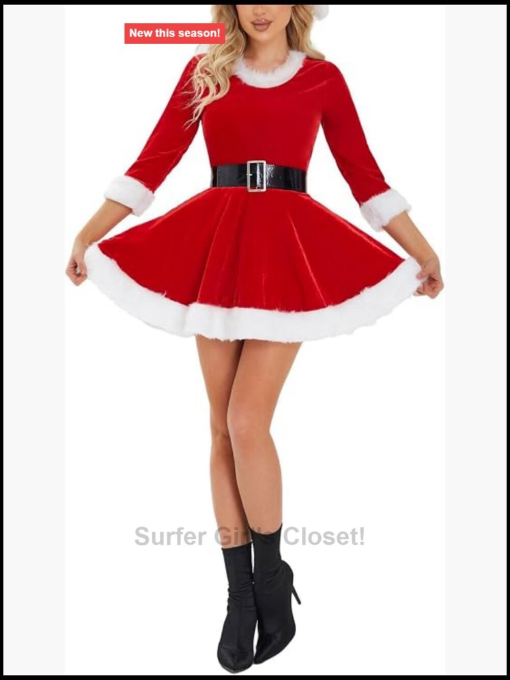 Women's Santa Claus Costume Plush Trim Babydoll Dress Velvet Patchwork Mini